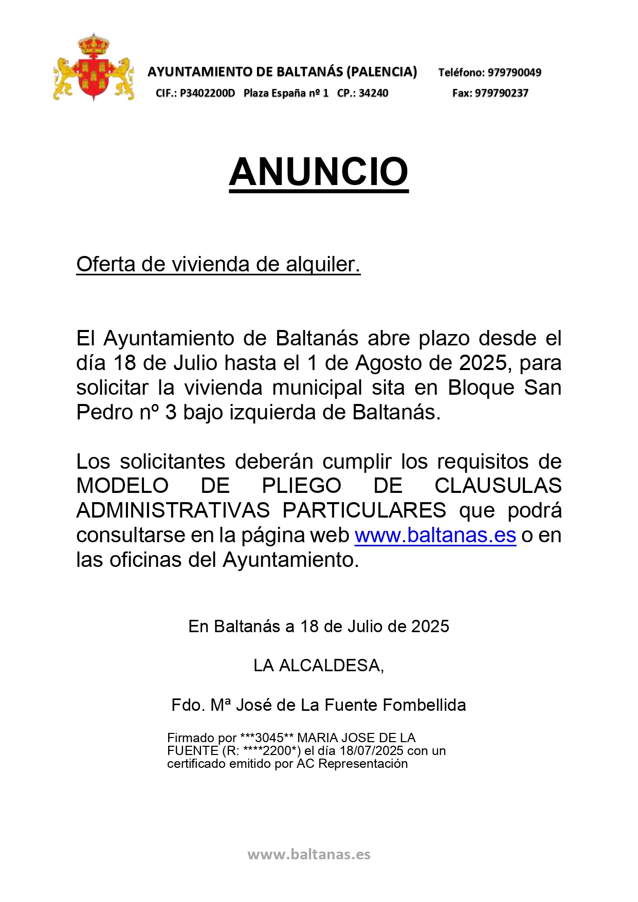 PLIEGO CLÁUSULAS ADMINISTRATIVAS ALQUILER VIVIENDA BLOQUE SAN PEDRO Nº 3 BAJO IZQUIERDA